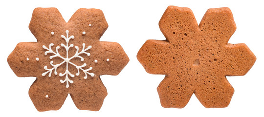Christmas gingerbread snowflake isolated on white background. The front and bottom sides
