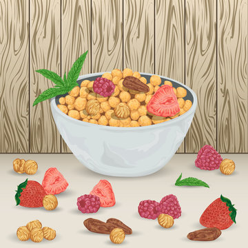 Cereal balls in bowl with raspberry, strawberry, hazelnut, brazil nut and mint leaves on wooden background. Healthy breakfast. Isolated elements. Hand drawn vector illustration