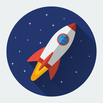 Space rocket flat icon with long shadow. Colored vector illustration.