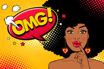 Wow pop art female face. Sexy surprised young african american woman with open mouth and Oh My God speech bubble. Vector bright background in pop art retro comic style. Invitation party poster.