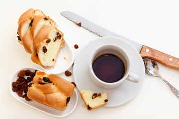 coffee and sweet bread with raisins 