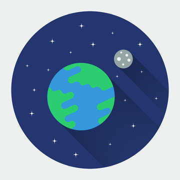 Earth and Moon in space. Modern flat icon with long shadow. Colored vector illustration.