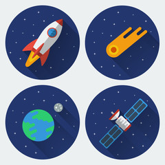 Obraz premium Space icons with long shadow. Rocket, comet, satellite, the Earth with the Moon. Colored illustrations. Vector set in flat style.