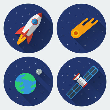 Fototapeta Space icons with long shadow. Rocket, comet, satellite, the Earth with the Moon. Colored illustrations. Vector set in flat style.