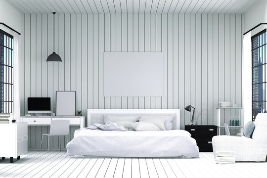 3D rendering : illustration of big spacious bedroom in soft light color.big comfortable double bed in elegant classic modern bedroom.interior design of house.modern wooden tile house