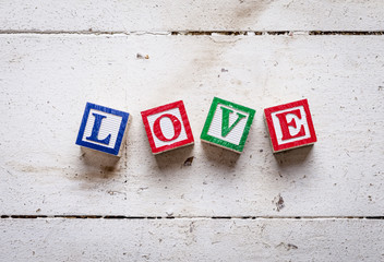 Word “LOVE” on old wood background.
