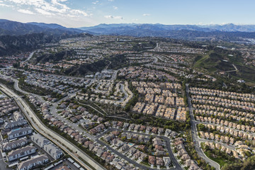 Aerial of the Stevenson Ranch suburban community in Los Angeles County California.  