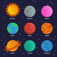 Obraz premium Solar system planets and the sun. Vector set in flat style.