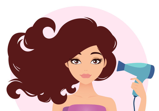 Girl drying hair cartoon