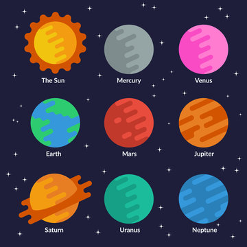 Solar system planets and the sun. Vector set in flat style.