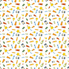 Cosmetics bottles vector seamless pattern illustration.