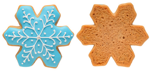 Christmas gingerbread snowflake isolated on white background. The front and bottom sides