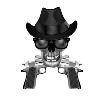Skull in a hat, sunglasses and silver pistols. Isolated object in black and white, can be used with any image or text.