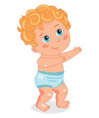 Cute Baby In Diapers. First Steps Baby. Vector Cartoon Illustration. Cute Baby Clothes, Cute Baby Doll, Cute Baby Toy. Kid Diapers.