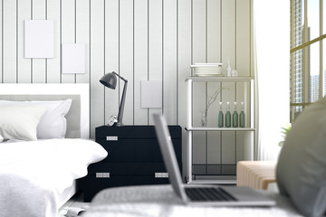3D rendering : illustration of big spacious bedroom in soft light colors.big comfortable double bed in elegant classic modern bedroom.interior design of house. lamp decoration focus