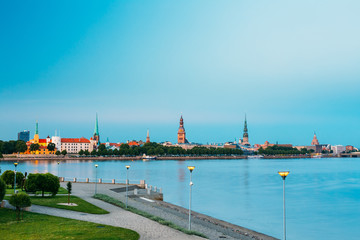Fototapeta premium Scenic View To Promenad Of Daugava, In Riga, Latvia. Church Towers