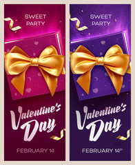Happy Valentine's Day banners. Top view on gift box and bow with beautiful backdrop