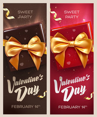 Happy Valentine's Day banners. Top view on gift box and bow with beautiful backdrop