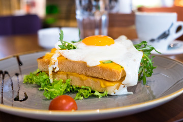 Toasted bread with fried egg, ham and lettuce