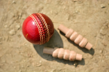 Fototapeta na wymiar Cricket ball and bails on pitch