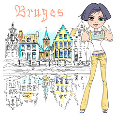 Cute hipster girl makes selfie, scenic city view of Bruges canal with beautiful medieval houses on the background, Belgium.