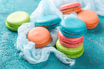 Cake macaron or macaroon, colorful almond cookies.