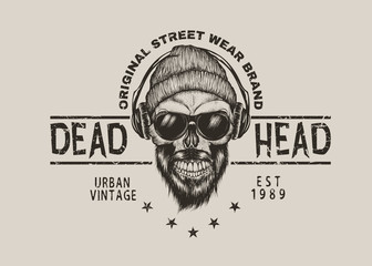 Bearded skull in sunglasses listening to music