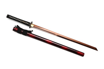 Japanese sword and scabbard on white background