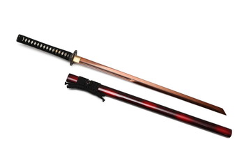 Japanese sword and scabbard on white background