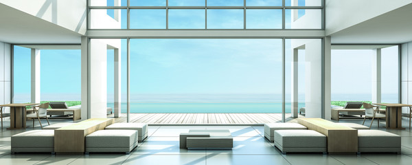 Fototapeta na wymiar 3d rendering Beach Villa Lobby and Living area sea view