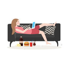 girl lying in sofa couch using laptop enjoy working with food all around unhealthy relax