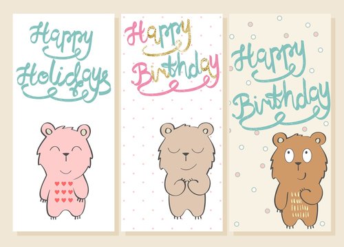 Collection of cute artistic cards for kids. Teddy in vector. Greeting card for birthday.