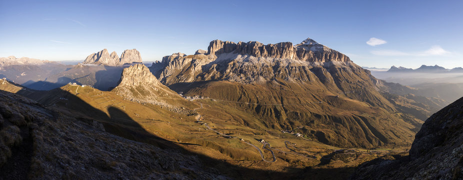 Panorama of Sass Beca Sassolungo and Piz Boa at dawn from Cima Belvedere, Canazei, Val di Fassa, Trentino-Alto Adige