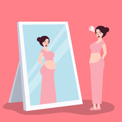 girl feeling fat over-weight when looking at mirror