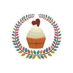 crown of leaves with cupcake with cream and chocolate cookie vector illustration