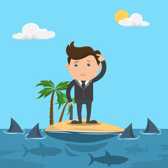 Obraz na płótnie Canvas Businessman standing on island in ocean among sharks - vector illustration