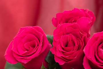 Closeup of red roses bouquet, with red fabric blurred background.