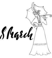 Retro party invitation card. Vintage style. 8 March. Vector illustration.