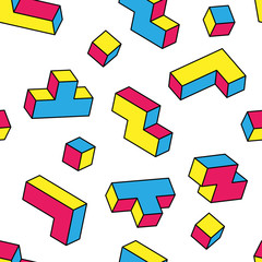 Colorful tetris 3d blocks seamless pattern on white background. Vintage 80s style design. Clipping mask used.