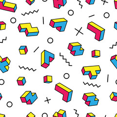 Colorful tetris 3d blocks and various graphic elements on white background. Memphis style design. Clipping mask used.