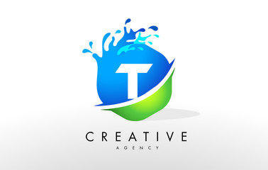 T Letter Logo. Blue Green Splash Design Vector