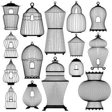 Set of decorative black bird cage Silhouettes, isolated on white