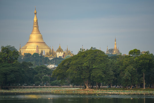 Shwedagon pagoda from kandawgyi lake, Yangon, Myanmar