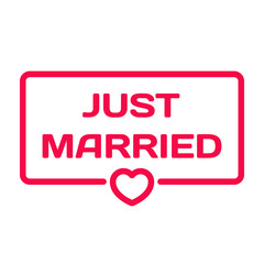 Just Married badge with heart icon flat vector illustration on white background. Wedding theme in dialog bubble. Romantic quotes stamp for cards, invitations, banners, labels, blog article
