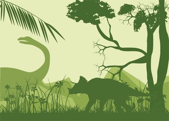 Prehistoric world landcape vector silhouette dinosaurs age © Massaget