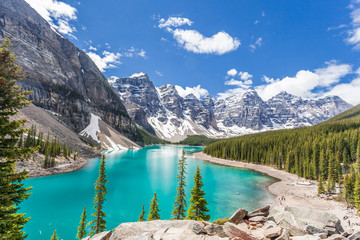 Moraine lake in Banff National Park, Canadian Rockies, Canada. Sunny summer day with amazing blue sky. Majestic mountains in the background. Clear turquoise blue water. - obrazy, fototapety, plakaty