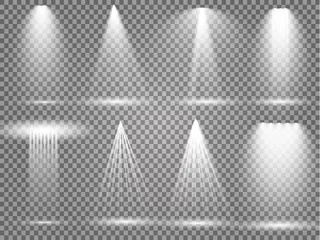 Foto op Canvas Vector lichtbronnen, concertverlichting, podiumspots set. Concertschijnwerper met straal, verlichte schijnwerpers voor webdesignillustratie © andreu1990