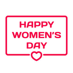 Happy Women's Day badge with heart icon flat vector illustration on white background. 8 March theme in dialog bubble. Quotes stamp for cards, invitations, banners, labels, blog article