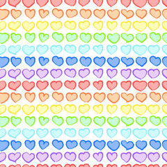 Valentine's day hand-drawn hearts in rainbow colors. Gay pride and lgbt symbol seamless pattern. Vector illustration. Romantic fun texture design