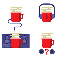 Music and fragrant drink, coffee and earphones, the audio system